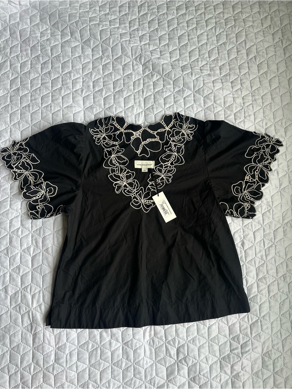 Brand New Unsubscribed Embroidered V-Neck Black Blouse with White Floral Trim